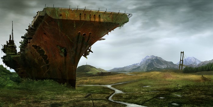 Post-apocalyptic landscape with a derelict aircraft carrier