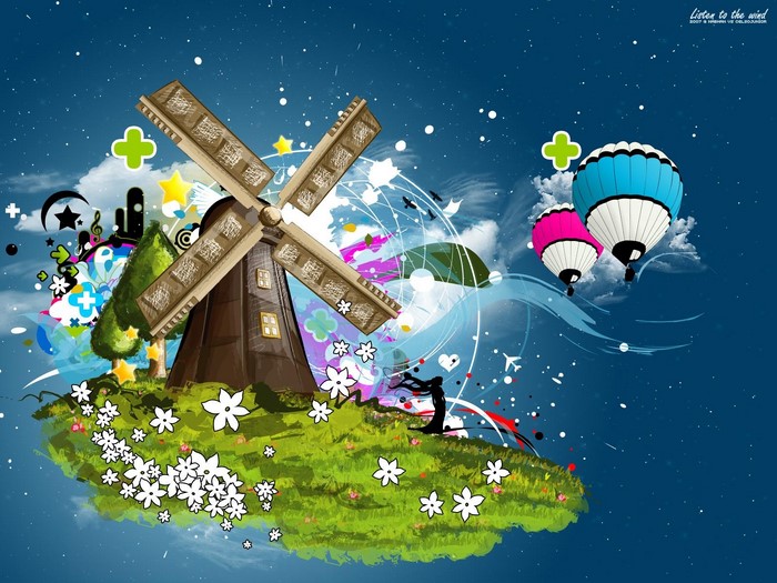 Fantasy windmill with hot air balloons and abstract elements