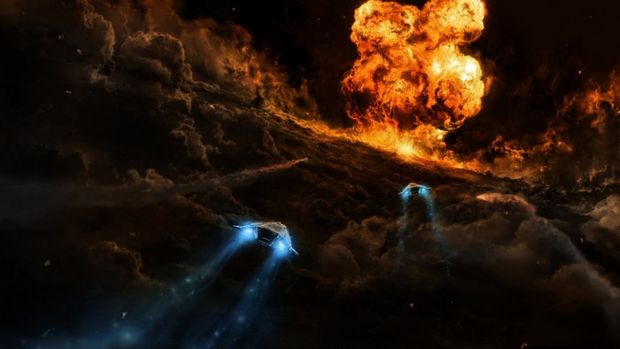 Spaceships flying through explosion and clouds