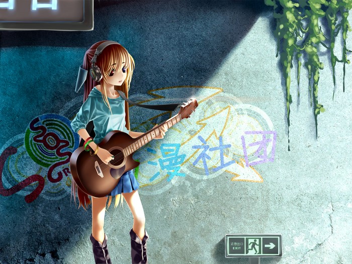 Girl with Guitar and Headphones