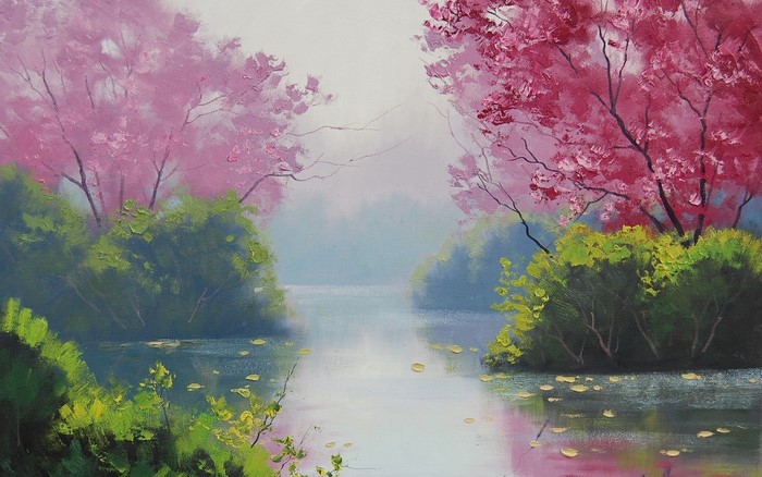 Pink Cherry Blossoms Over a Calm River Landscape