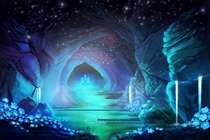 Undertale cave with castle and blue flowers