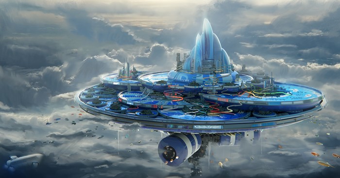 Futuristic floating city in the clouds with aircraft