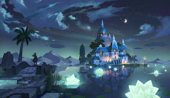 Fantasy castle by a lake at night with a person