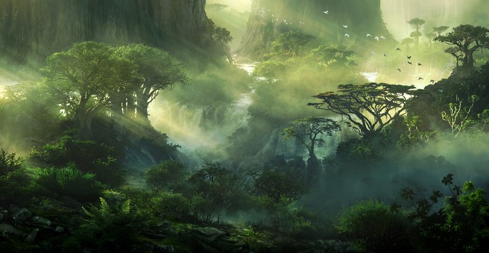 Misty Green Fantasy Forest Landscape at Dawn