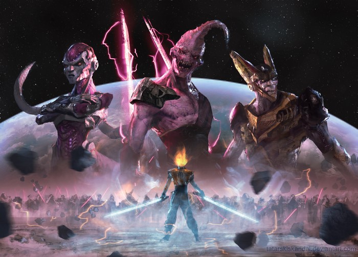 Cell, Frieza, and Majin Buu from Dragon Ball with Goku