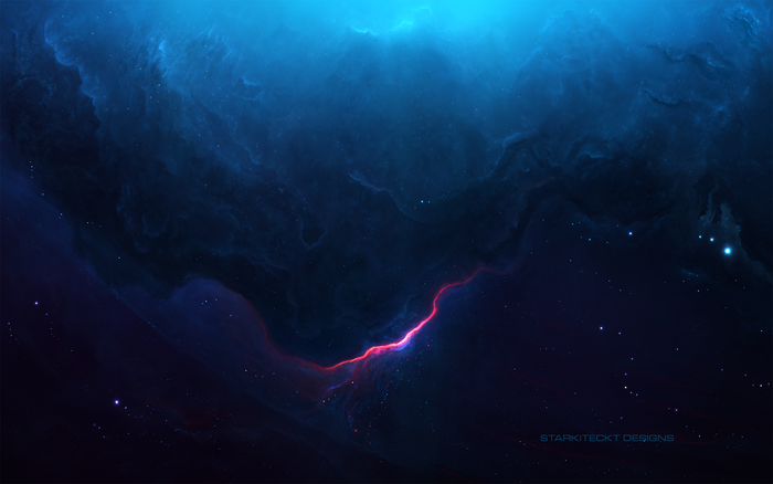 Blue Nebula with Red Energy and Stars