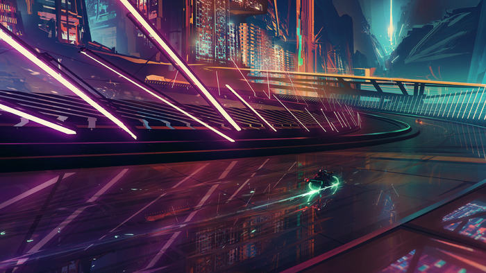 Futuristic motorcycle race on a neon-lit track