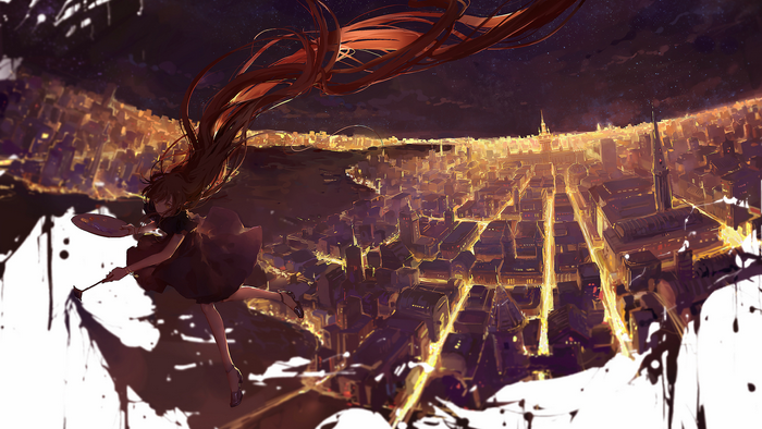 Girl with orange hair painting a cityscape at night