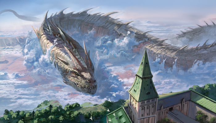 Dragon flying over clouds and a church
