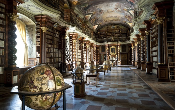Baroque Library with Globes and Frescoes