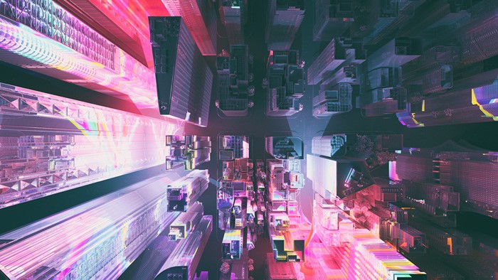 Top-down view of a futuristic city at night