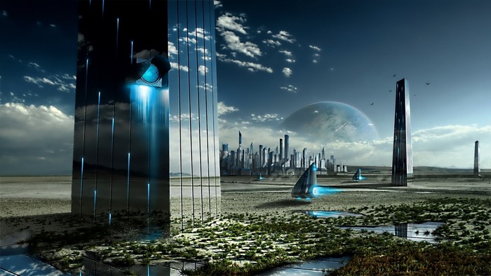 Futuristic Cityscape with Tall Towers and Alien Planet