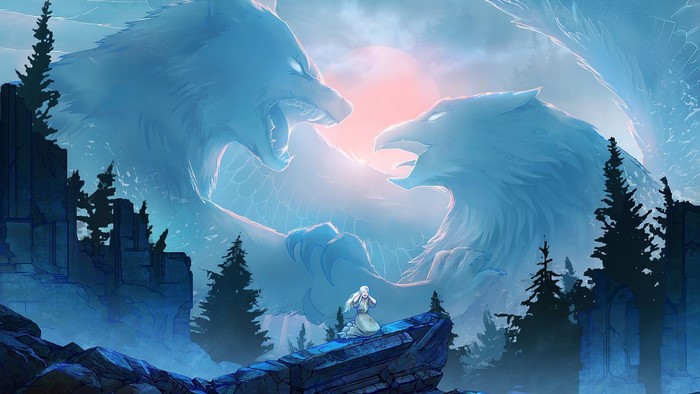 Giant wolf and eagle fighting over a girl