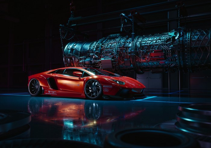 Red Lamborghini Aventador next to a jet engine