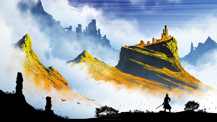 Fantasy landscape with a warrior and ancient ruins