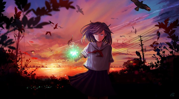 Anime girl with purple hair holding sparkler at sunset