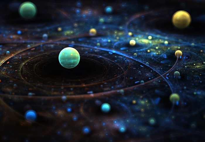 Abstract fractal art with spheres and cosmic lines