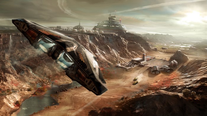 Spaceship flying over a canyon settlement in Elite: Dangerous