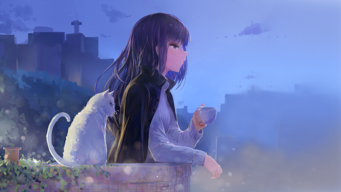 Girl with cat on balcony at night