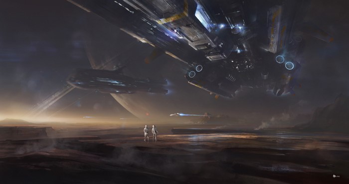 Astronauts on alien planet with spaceships