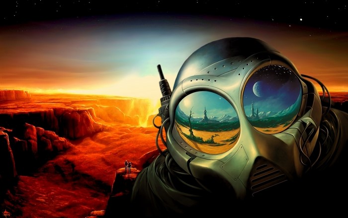Futuristic Astronaut on Alien Planet at Sunset