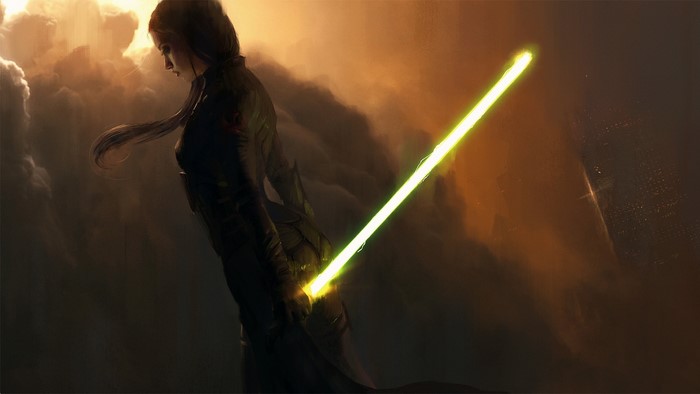 Girl with a green lightsaber in clouds