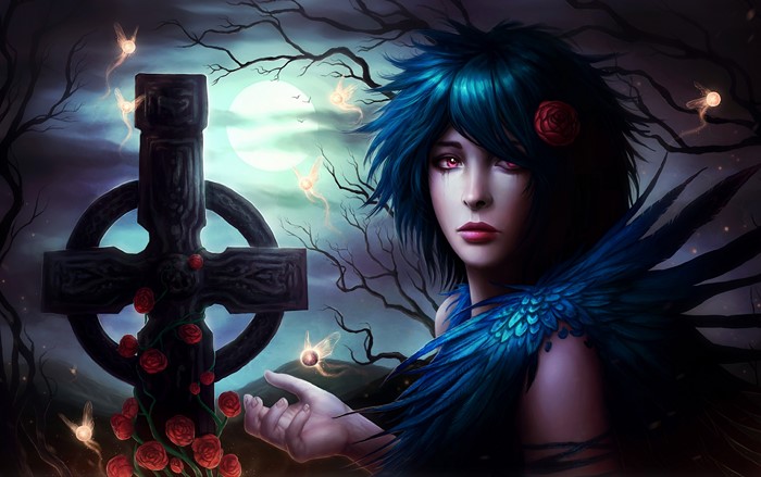 Woman with blue hair and fairies near a cross