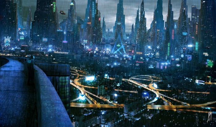 Sci-Fi Cityscape with Neon Lights and Rain