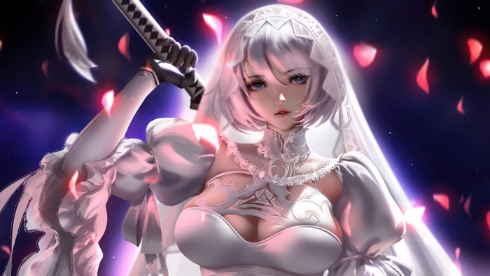 2B from Nier Automata in a white dress with sword