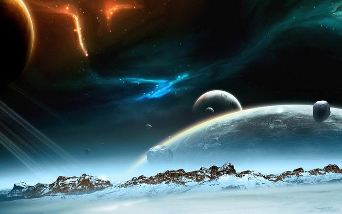 Cosmic landscape with planets and nebulae