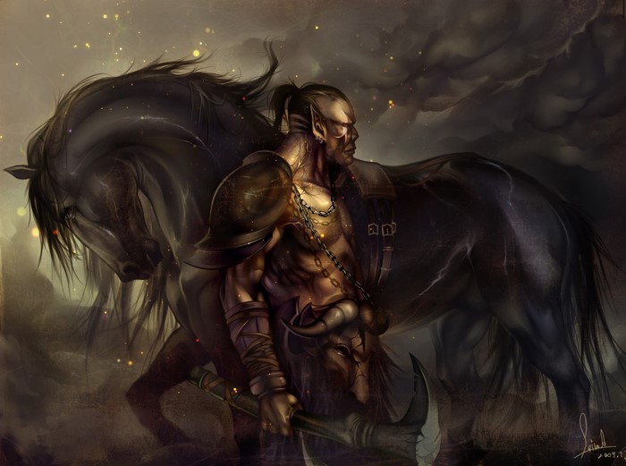 Fantasy warrior with black horse