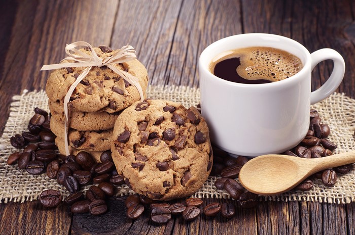 Chocolate chip cookies and coffee with beans