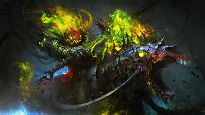Creature with Jack-o'-lantern head and sword