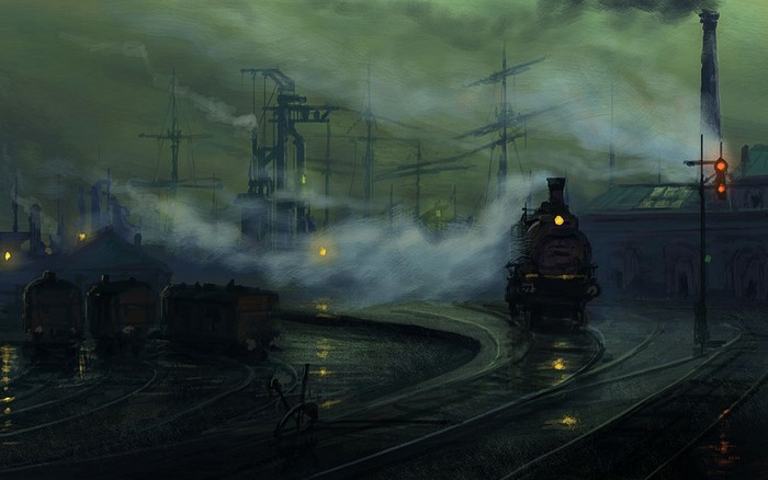 Steam train at a foggy industrial port with ships