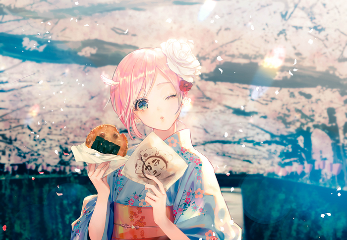 Girl in Kimono with Onigiri and Cherry Blossoms