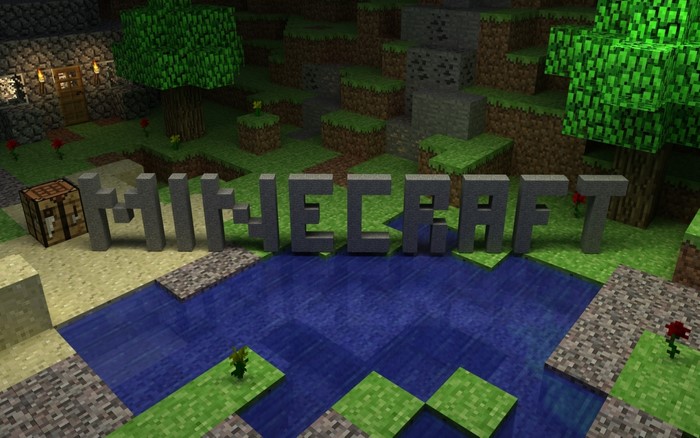 Minecraft 3D logo in a blocky landscape