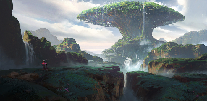 Fantasy landscape with a giant tree and waterfalls