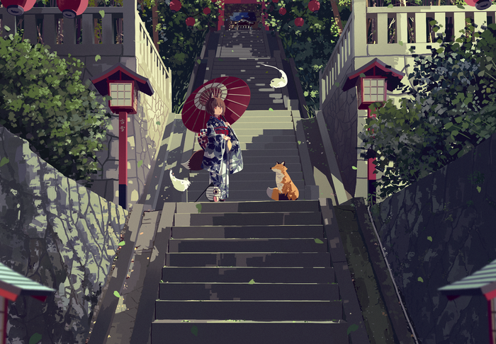 Girl in Kimono with Fox and Spirits on Temple Stairs