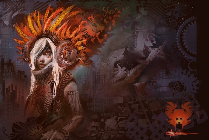 Futuristic woman with elaborate headdress by Eguia