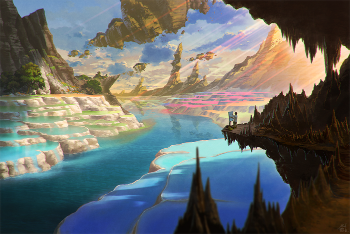Artist painting a surreal landscape with floating islands