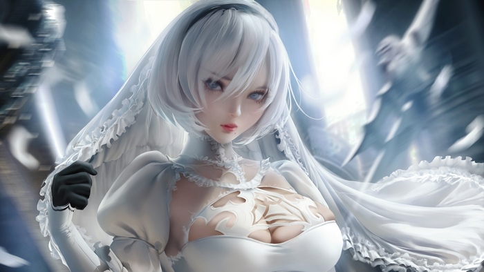 2B, Nier Automata, White Dress, 4K