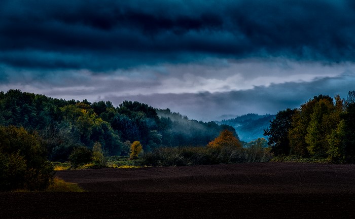 Dark Clouds Over Autumn Forest and Field