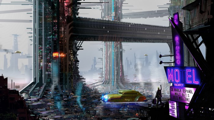 Sci-fi city with flying taxi and motel sign
