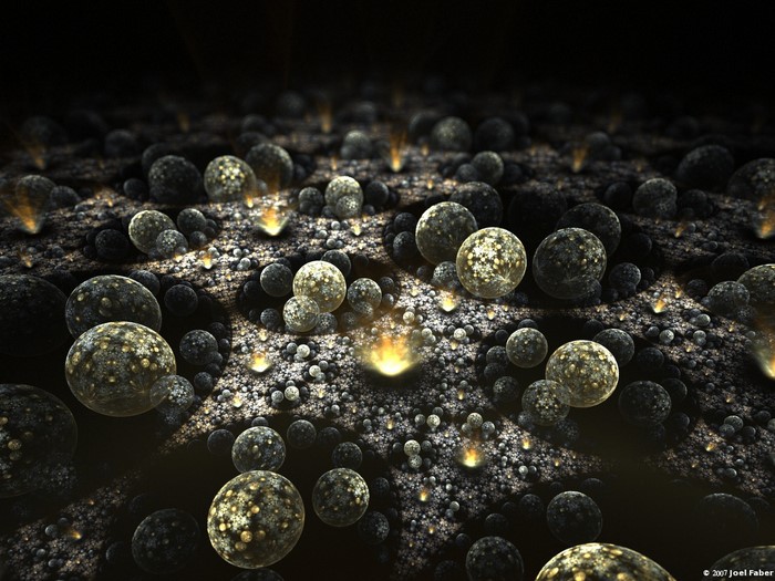 Fractal landscape with glowing spheres