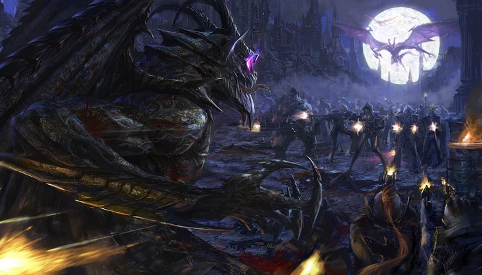 Dragon and soldiers fighting in a dark city