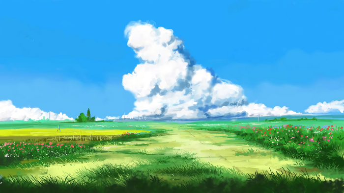 Anime artwork of a vast green field under a blue sky