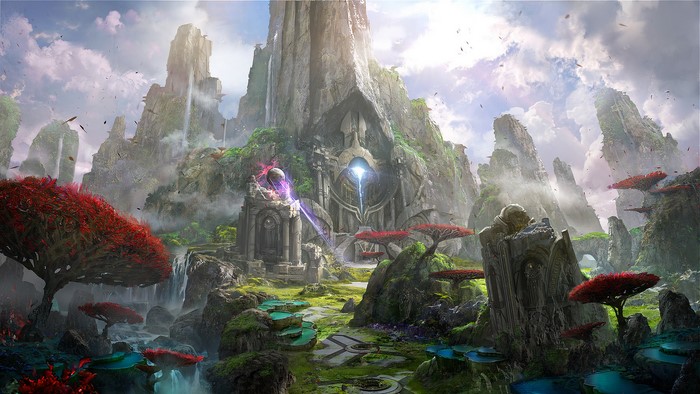 Paragon landscape with fantastical architecture and flora
