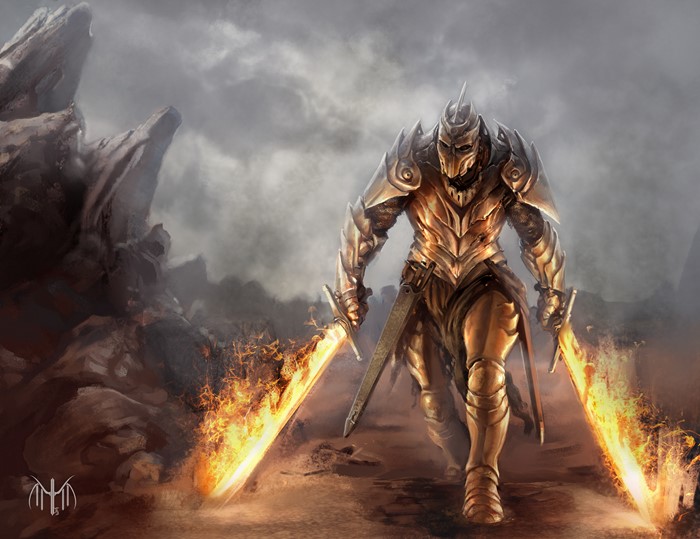 Warrior in golden armor with flaming swords