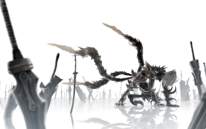 Demon creature among swords in a white void